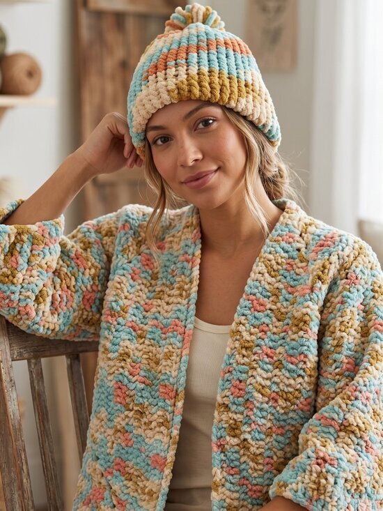 Vintage Sweaters - Vintage chunky handmade knit, multicolored cardigan and hat medium